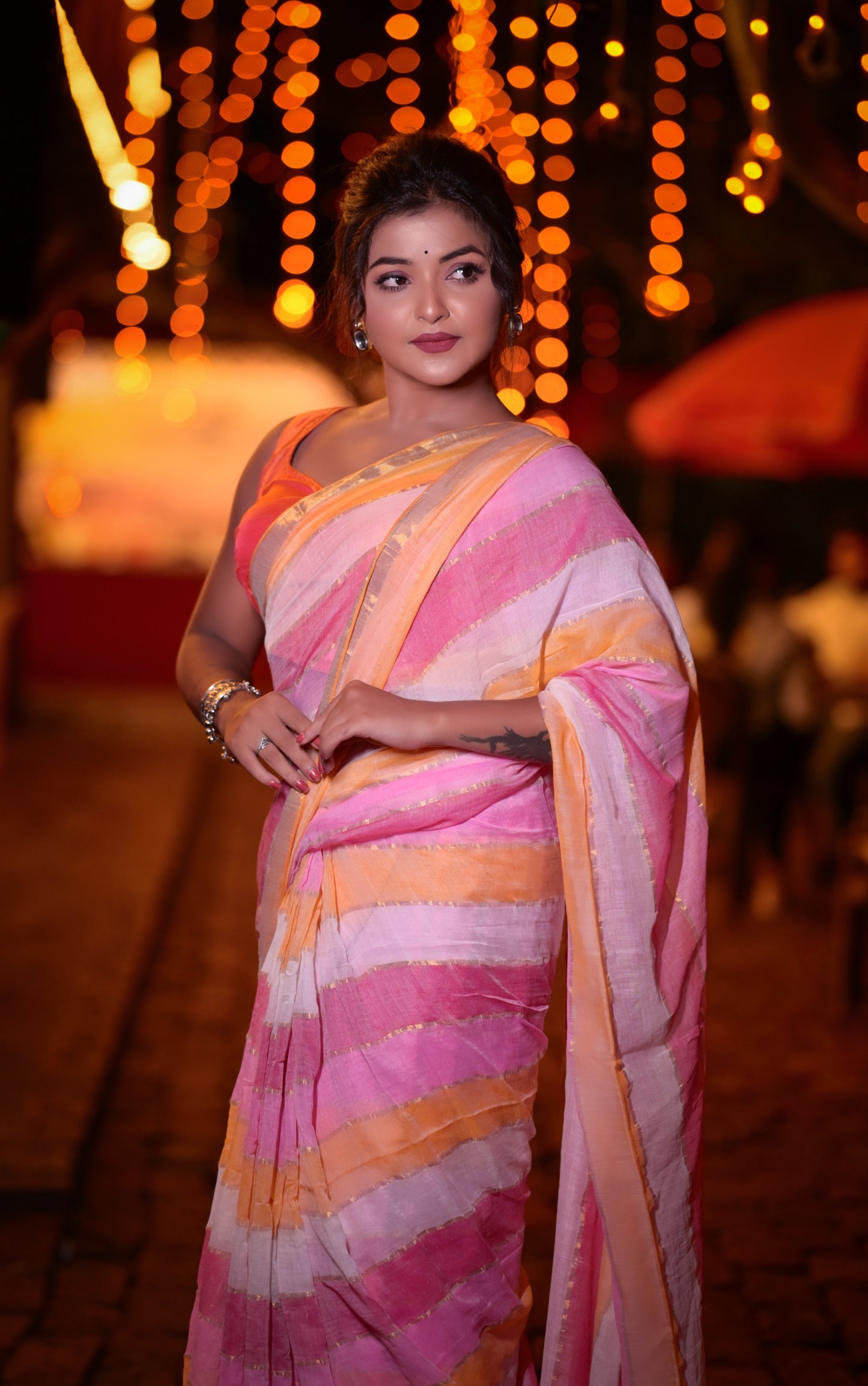 Handwoven Pink & Orange Striped Mull Cotton Saree with Golden Border – Lightweight Festive Wear