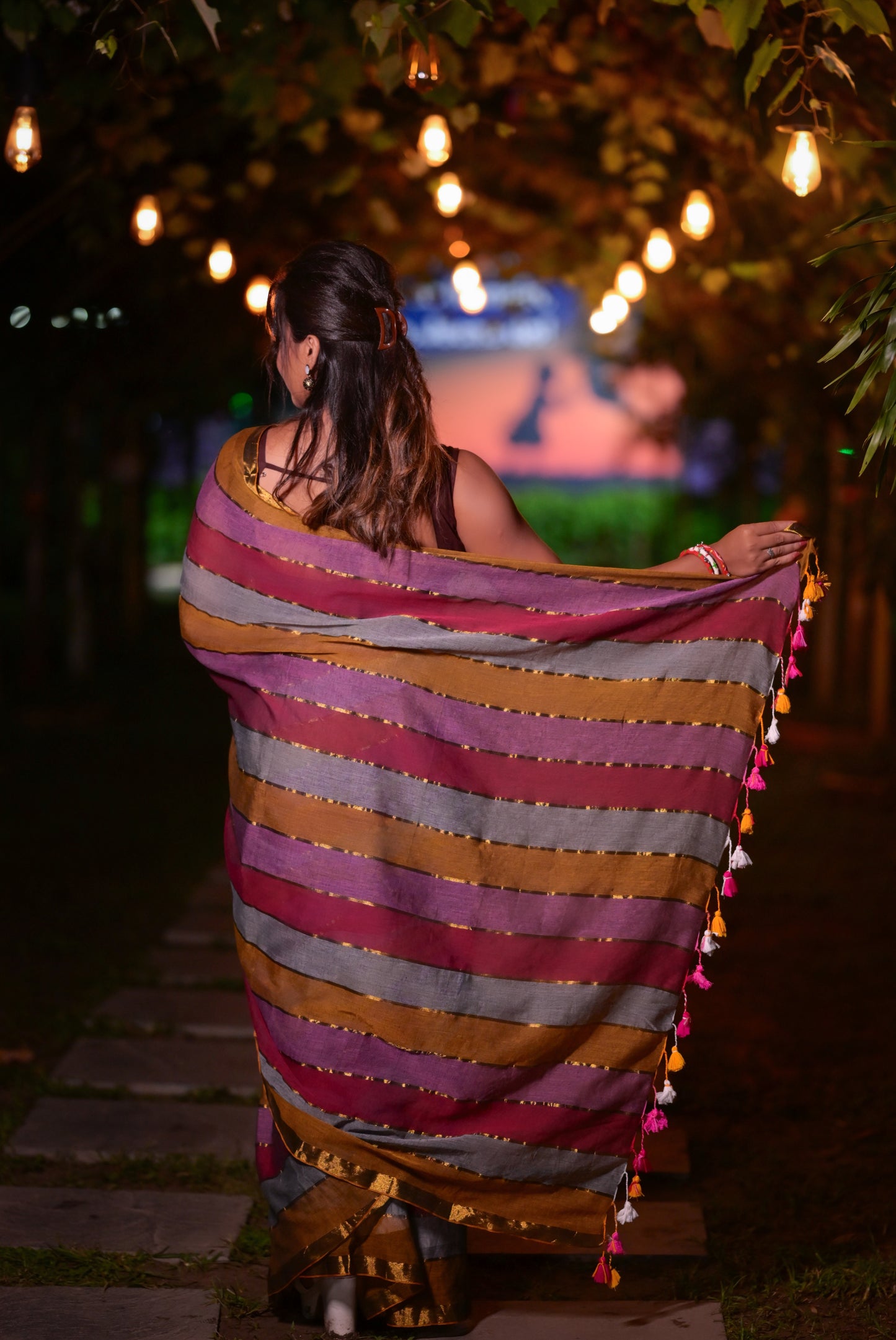 Handwoven Multicolor Striped Mull Cotton Saree with Golden Border – Lightweight Ethnic Wear