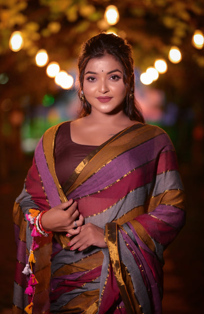 Handwoven Multicolor Striped Mull Cotton Saree with Golden Border – Lightweight Ethnic Wear