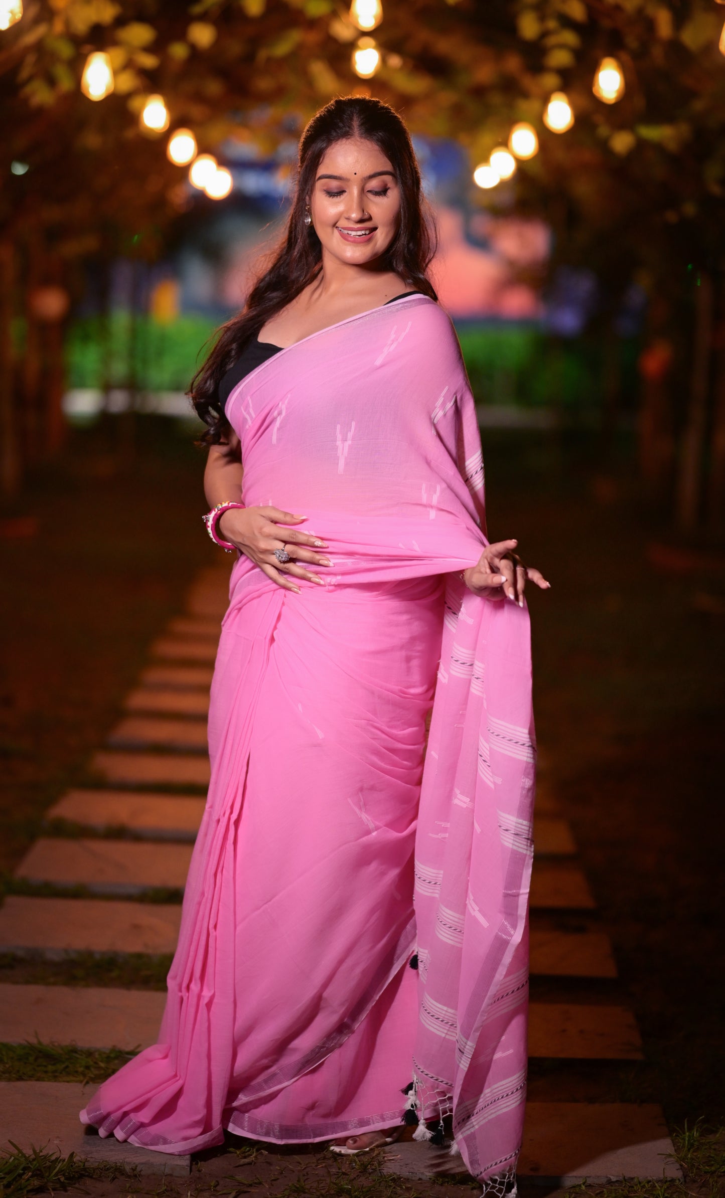Handwoven Pink Khadi Cotton Saree with Subtle Ikat Design