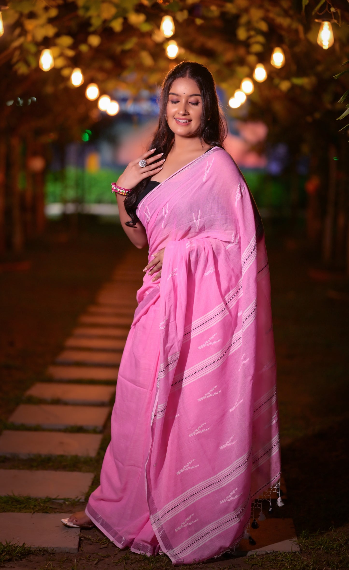 Handwoven Pink Khadi Cotton Saree with Subtle Ikat Design