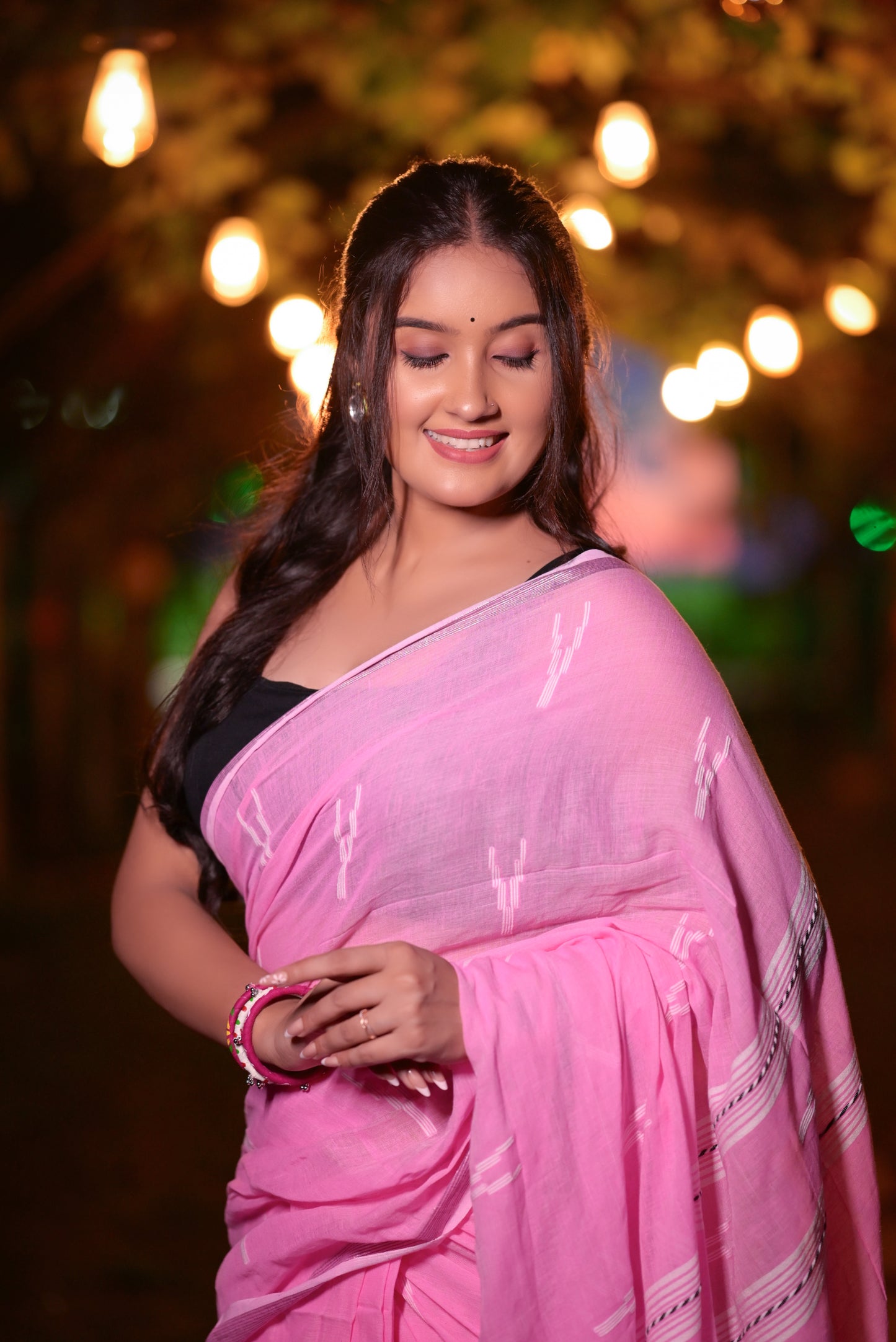 Handwoven Pink Khadi Cotton Saree with Subtle Ikat Design