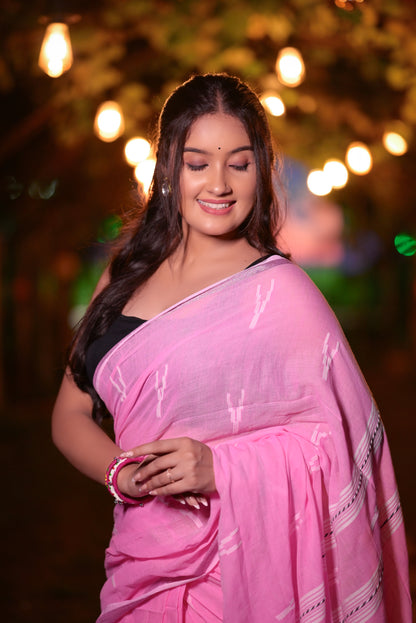 Handwoven Pink Khadi Cotton Saree with Subtle Ikat Design