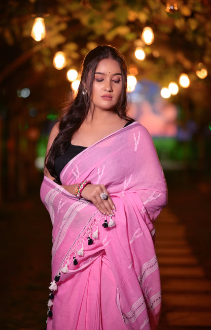 Handwoven Pink Khadi Cotton Saree with Subtle Ikat Design