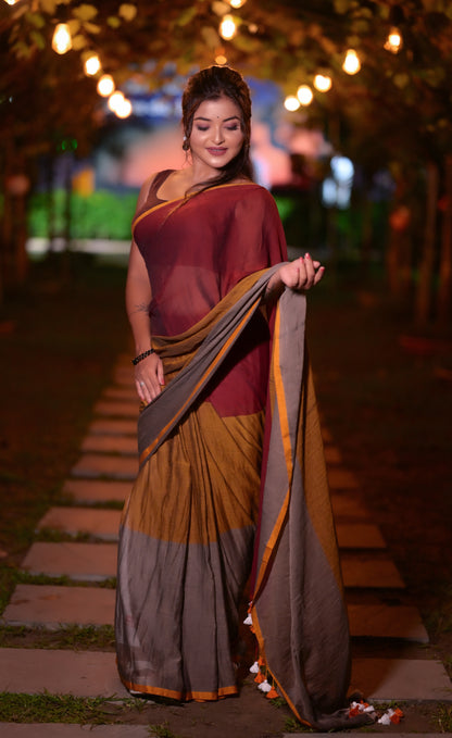 Maroon, Mustard & Grey Mull Cotton Saree with Tassels – Soft & Lightweight | Blouse Not Included