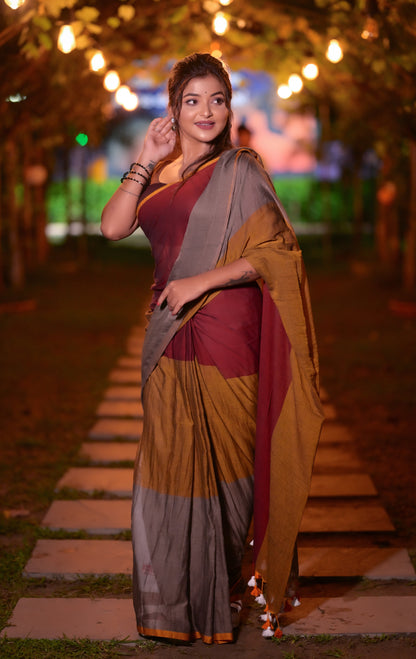 Maroon, Mustard & Grey Mull Cotton Saree with Tassels – Soft & Lightweight | Blouse Not Included