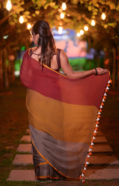 Maroon, Mustard & Grey Mull Cotton Saree with Tassels – Soft & Lightweight | Blouse Not Included