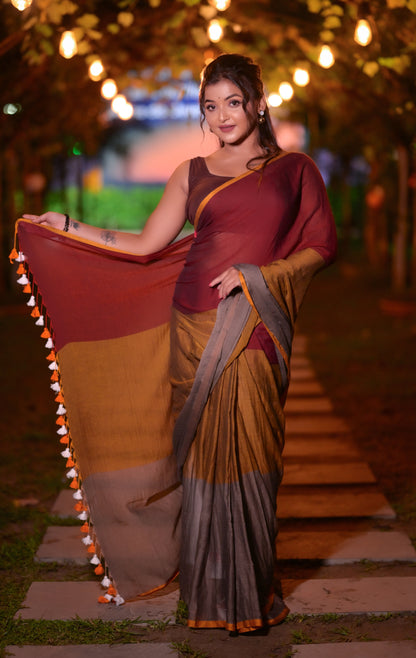 Maroon, Mustard & Grey Mull Cotton Saree with Tassels – Soft & Lightweight | Blouse Not Included