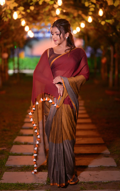 Maroon, Mustard & Grey Mull Cotton Saree with Tassels – Soft & Lightweight | Blouse Not Included