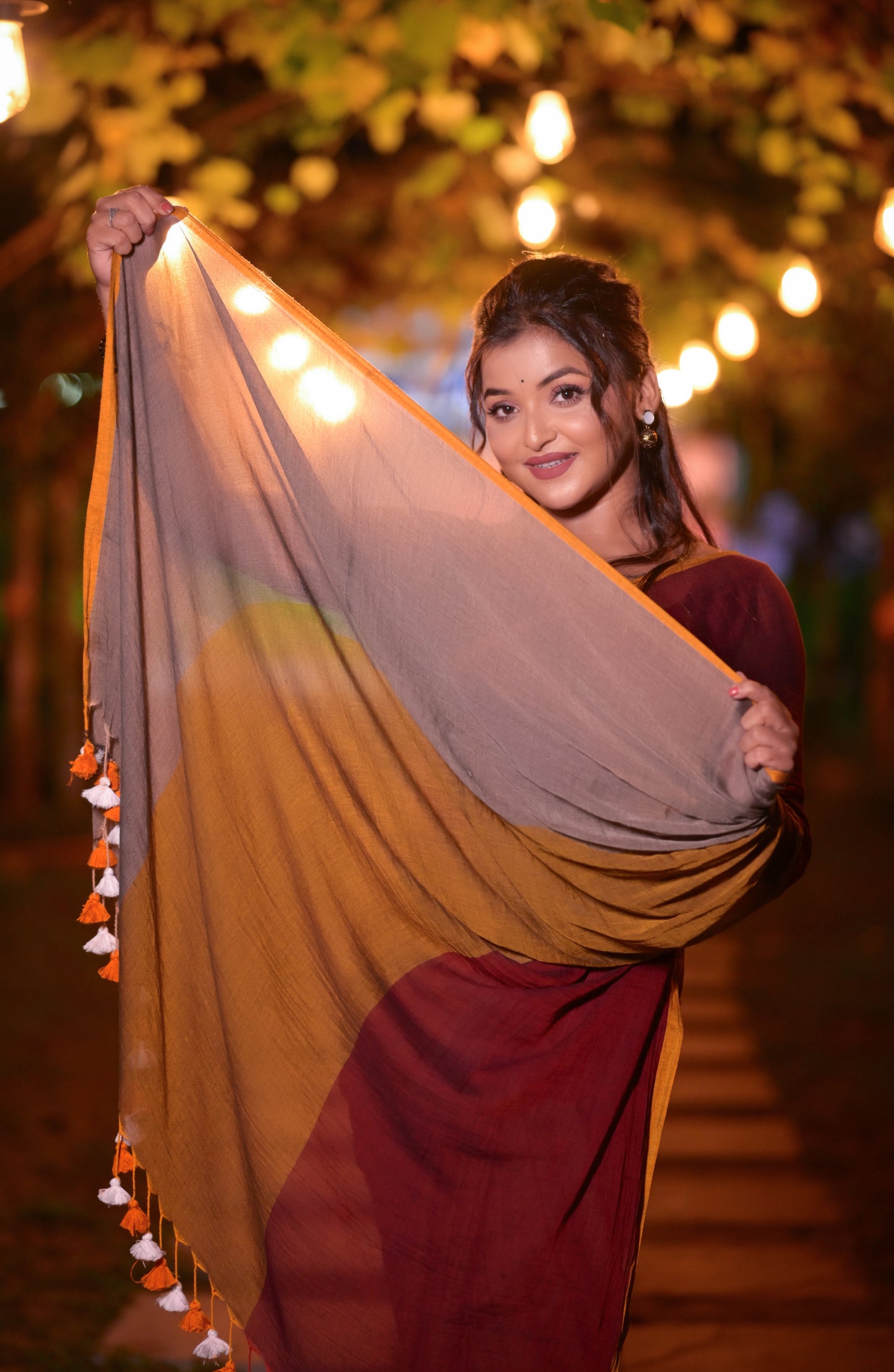 Maroon, Mustard & Grey Mull Cotton Saree with Tassels – Soft & Lightweight | Blouse Not Included