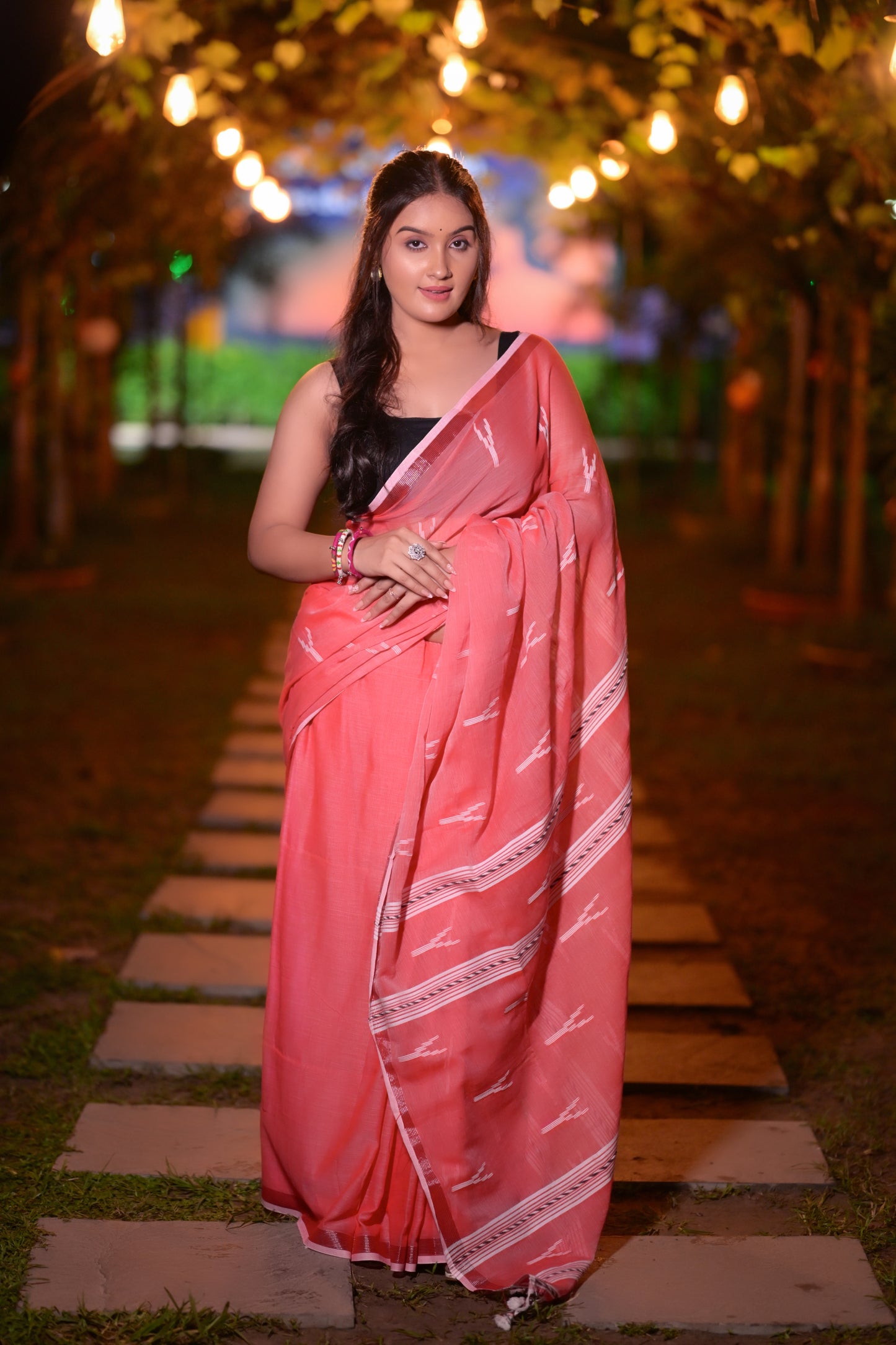 Handwoven Red Khadi Cotton Saree with White Ikat Motifs