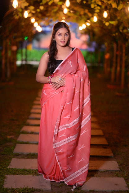 Handwoven Red Khadi Cotton Saree with White Ikat Motifs