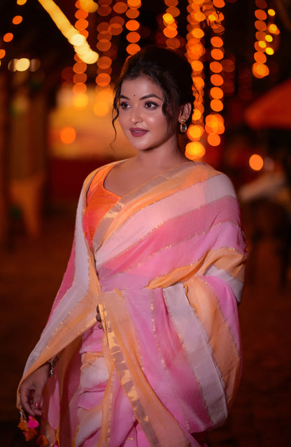 Handwoven Pink & Orange Striped Mull Cotton Saree with Golden Border – Lightweight Festive Wear