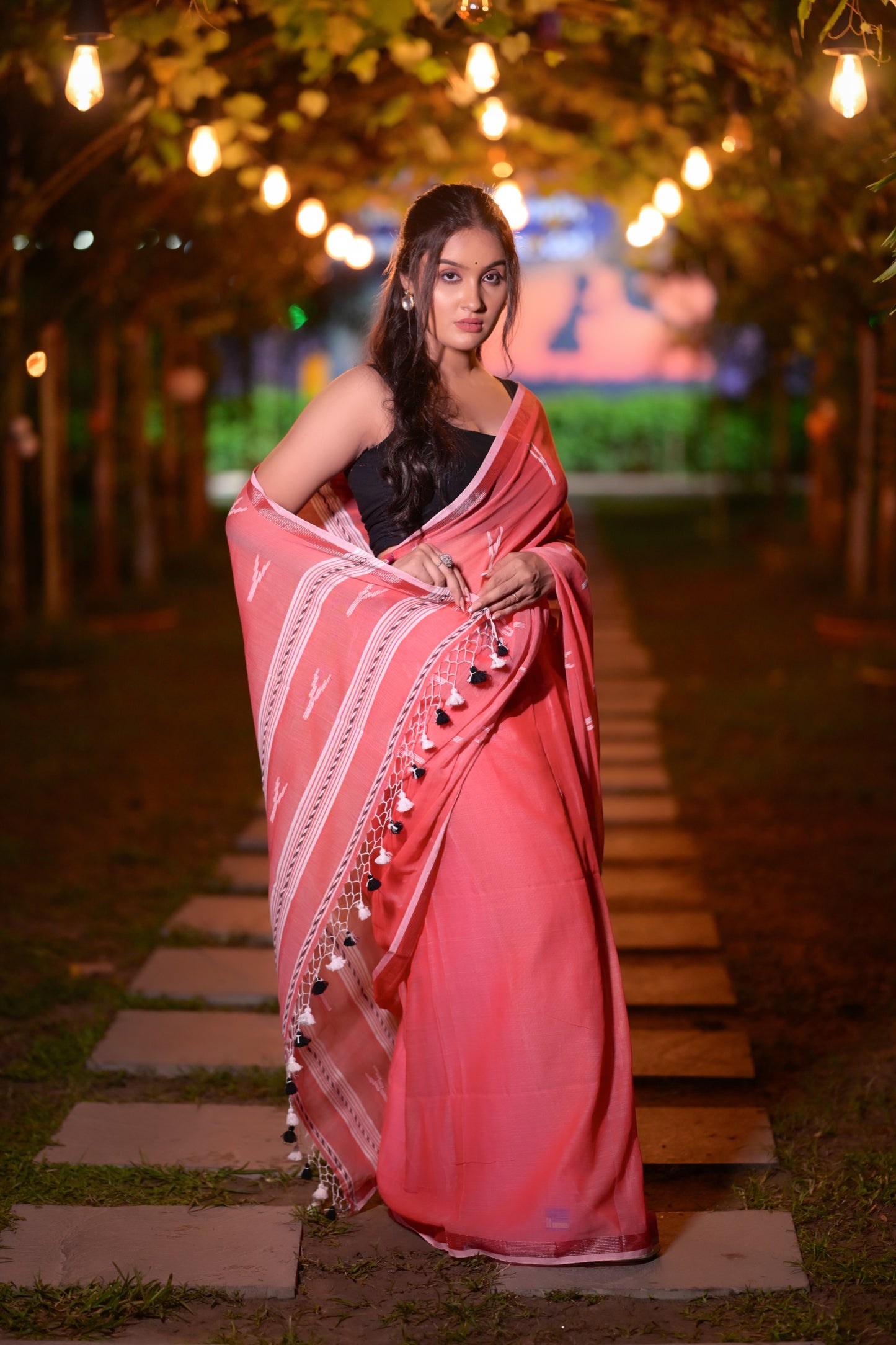 Handwoven Red Khadi Cotton Saree with White Ikat Motifs