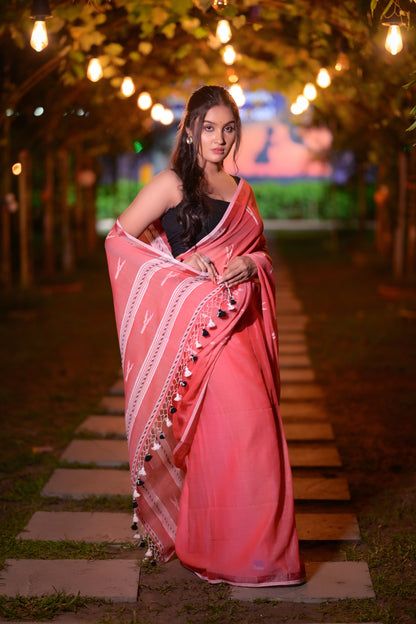 Handwoven Red Khadi Cotton Saree with White Ikat Motifs