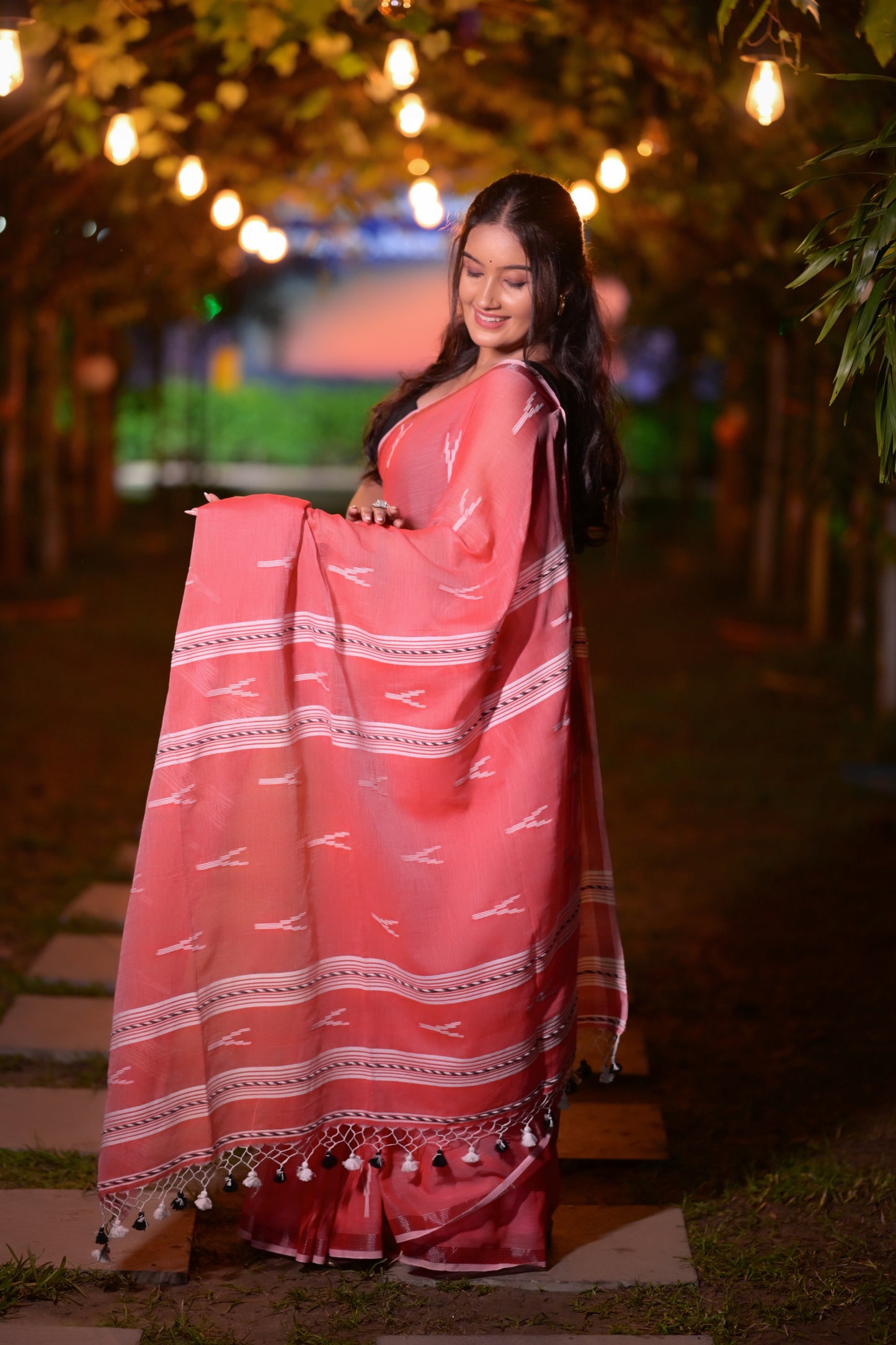 Handwoven Red Khadi Cotton Saree with White Ikat Motifs