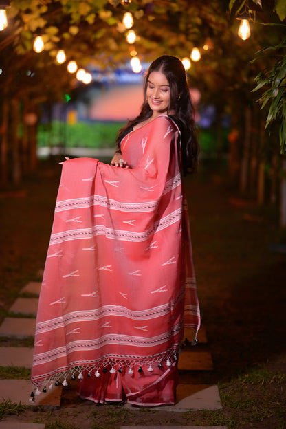 Handwoven Red Khadi Cotton Saree with White Ikat Motifs