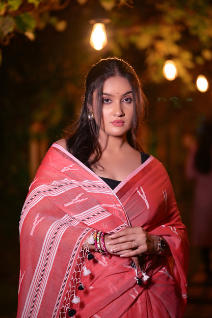 Handwoven Red Khadi Cotton Saree with White Ikat Motifs