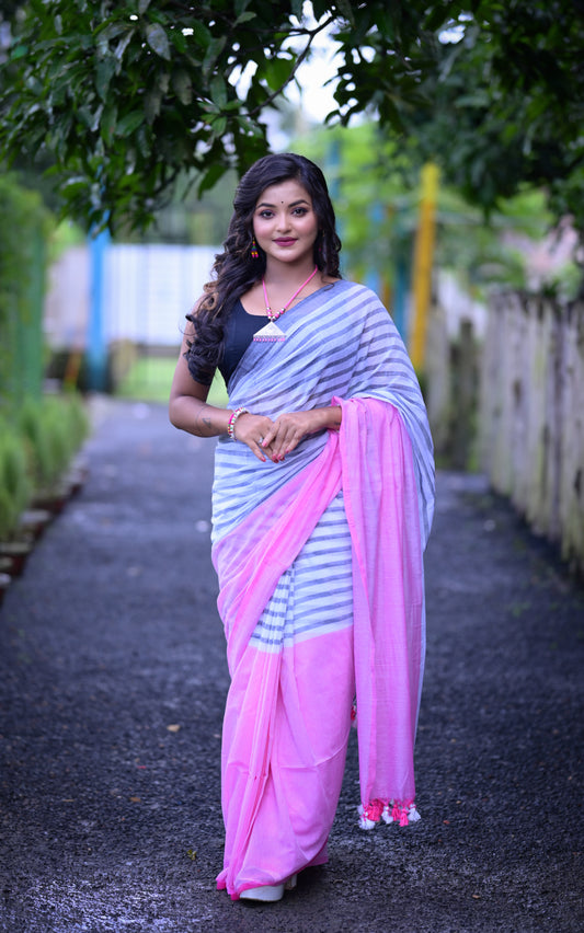 Stylish Grey & Pink Mull Cotton Saree – Soft & Lightweight
