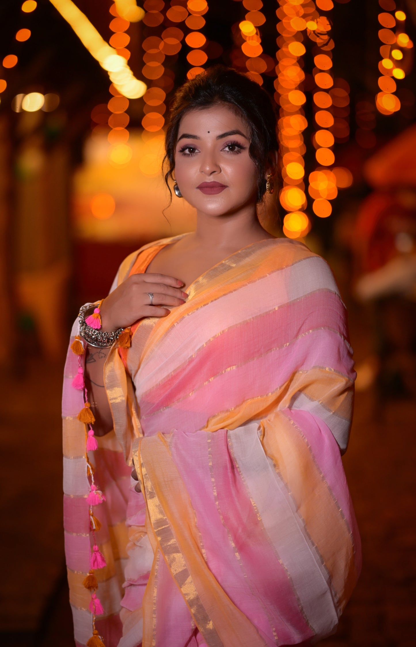 Handwoven Pink & Orange Striped Mull Cotton Saree with Golden Border – Lightweight Festive Wear