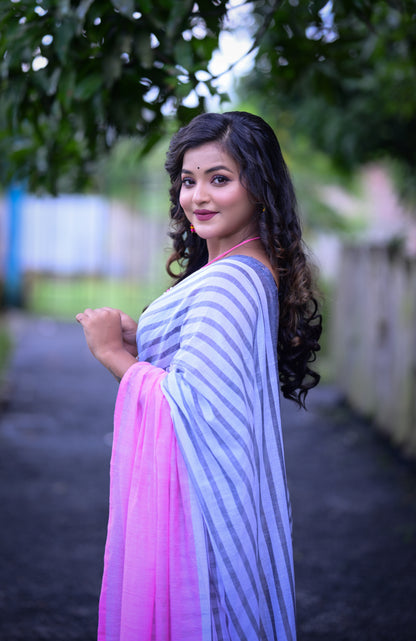Stylish Grey & Pink Mull Cotton Saree – Soft & Lightweight