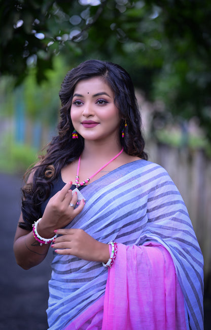 Stylish Grey & Pink Mull Cotton Saree – Soft & Lightweight