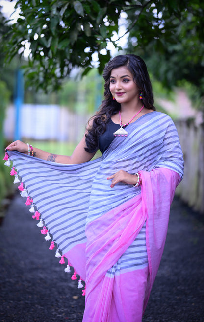Stylish Grey & Pink Mull Cotton Saree – Soft & Lightweight