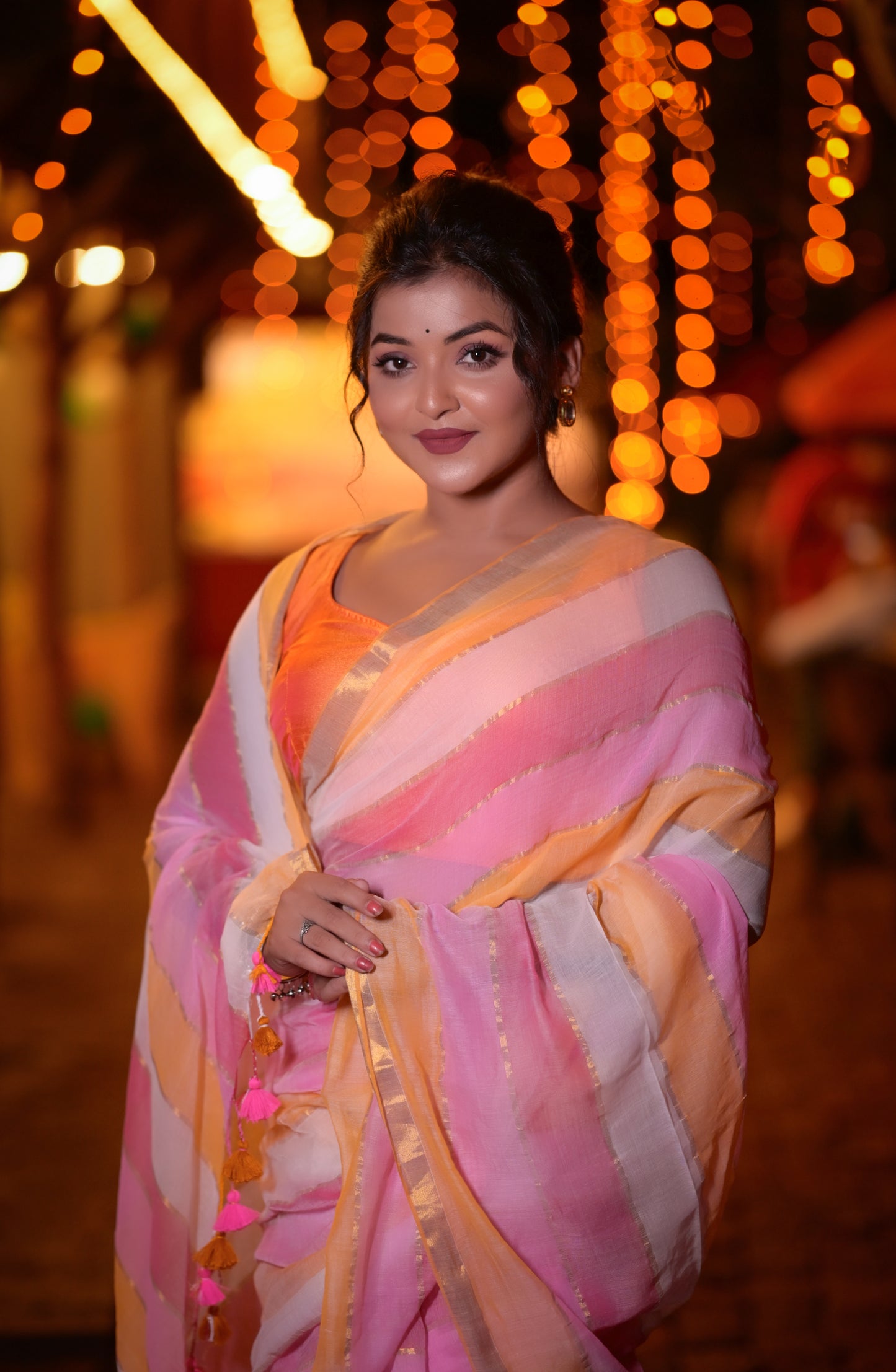 Handwoven Pink & Orange Striped Mull Cotton Saree with Golden Border – Lightweight Festive Wear