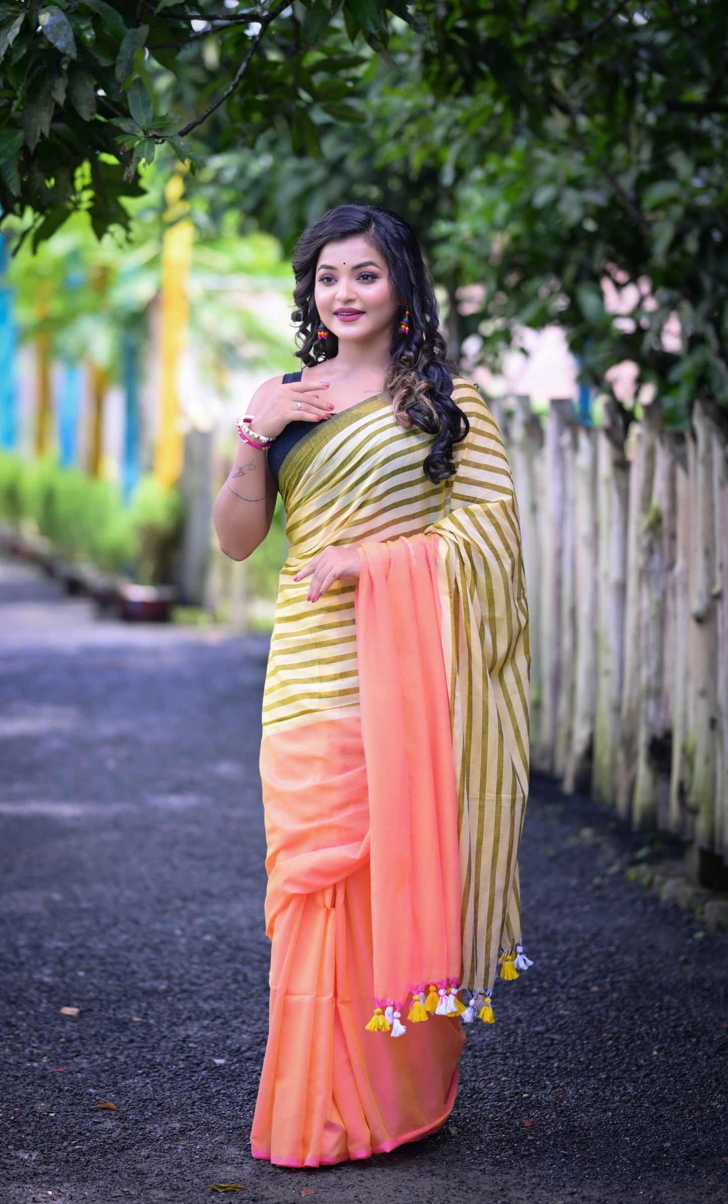 Olive Green Striped & Peach Mull Cotton Saree – Lightweight & Soft