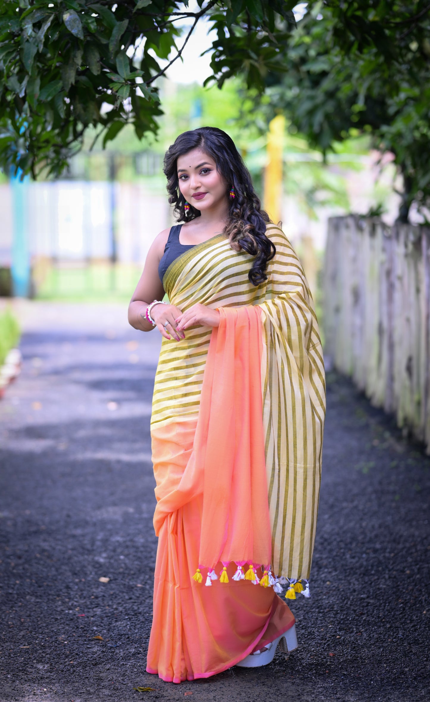 Olive Green Striped & Peach Mull Cotton Saree – Lightweight & Soft