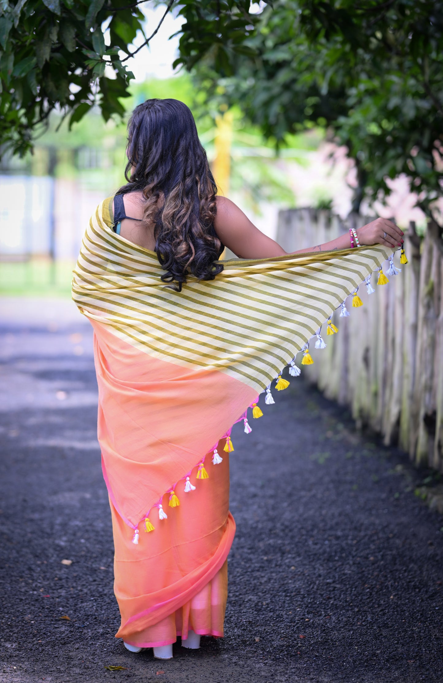 Olive Green Striped & Peach Mull Cotton Saree – Lightweight & Soft