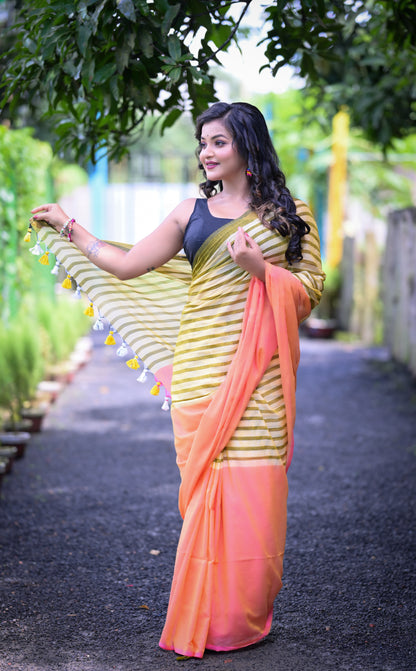 Olive Green Striped & Peach Mull Cotton Saree – Lightweight & Soft