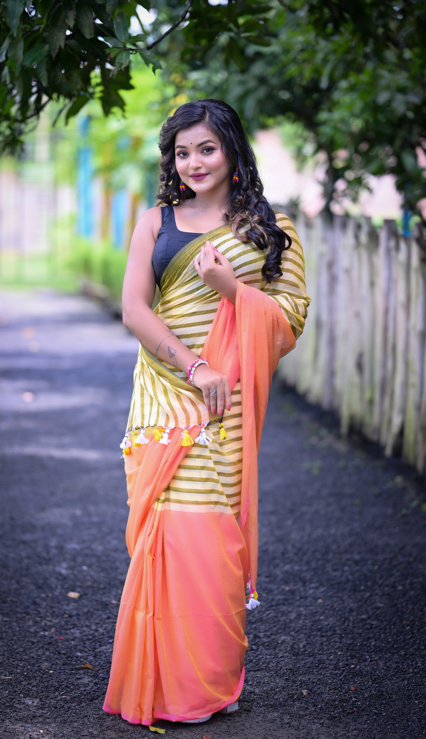 Olive Green Striped & Peach Mull Cotton Saree – Lightweight & Soft