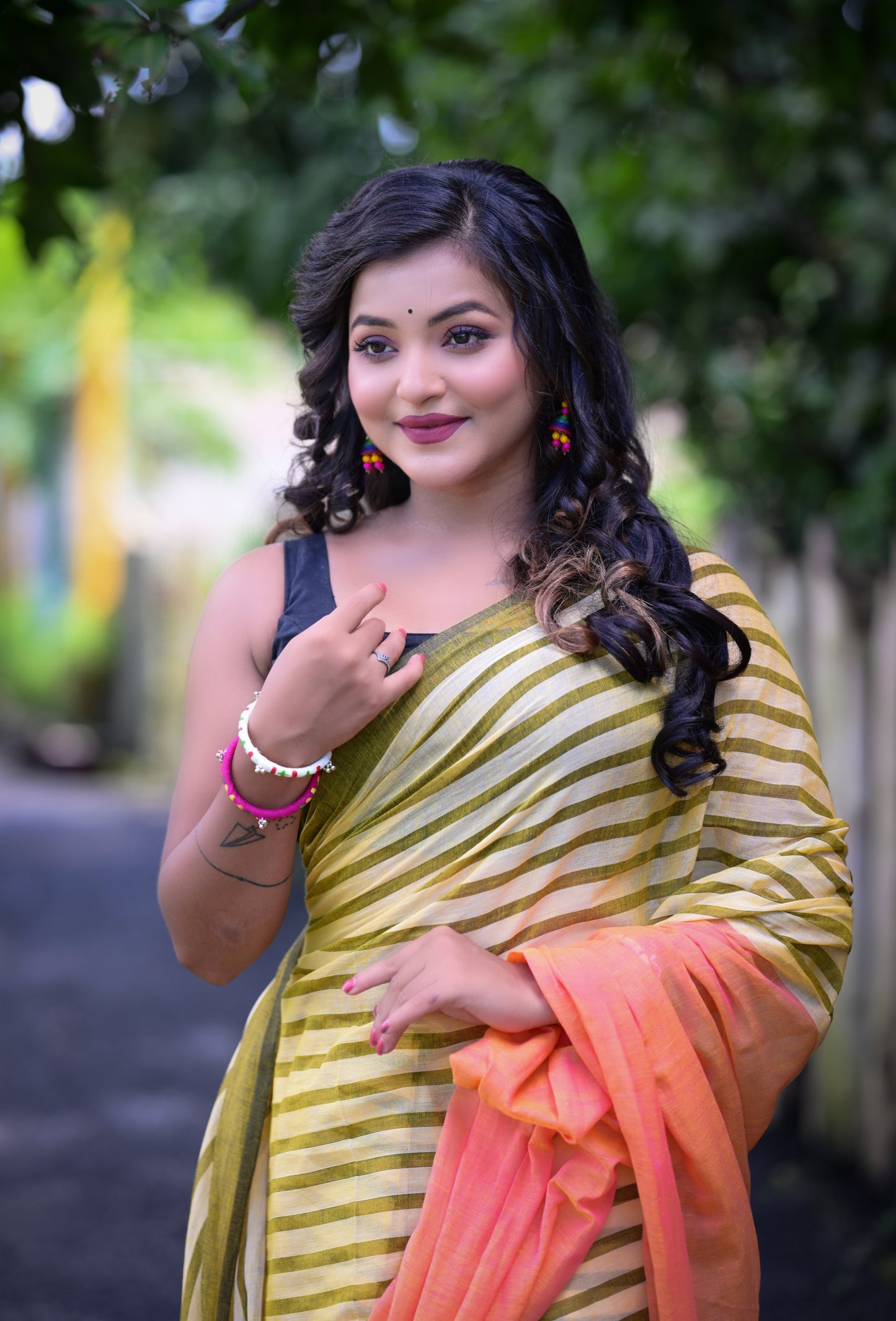 Olive Green Striped & Peach Mull Cotton Saree – Lightweight & Soft