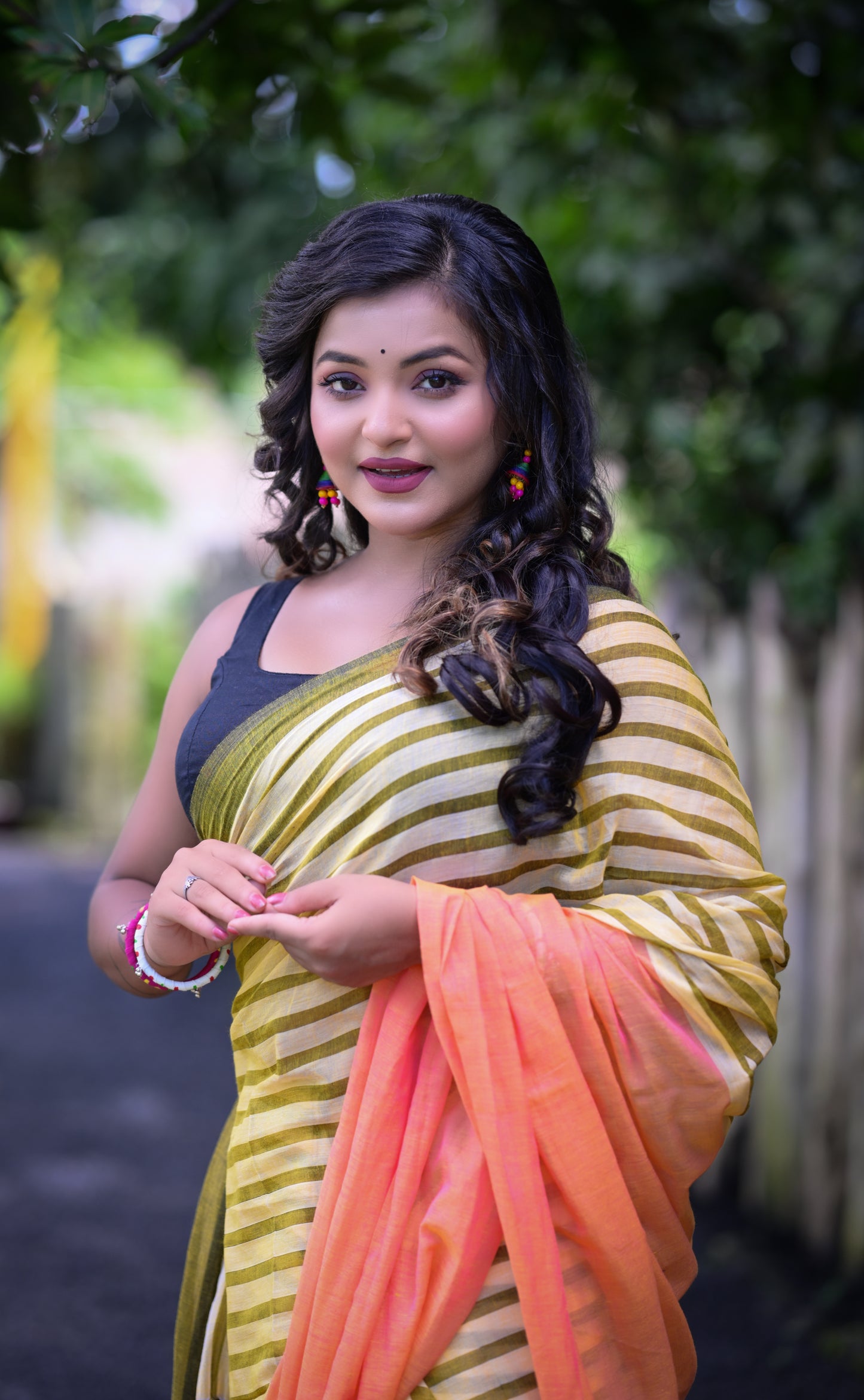 Olive Green Striped & Peach Mull Cotton Saree – Lightweight & Soft