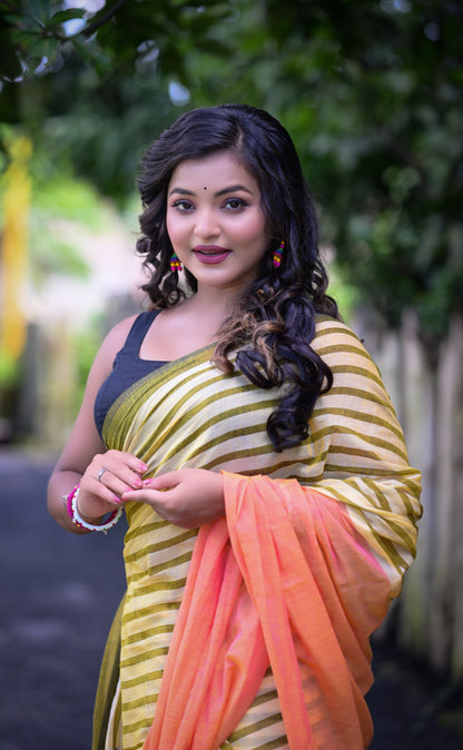 Olive Green Striped & Peach Mull Cotton Saree – Lightweight & Soft