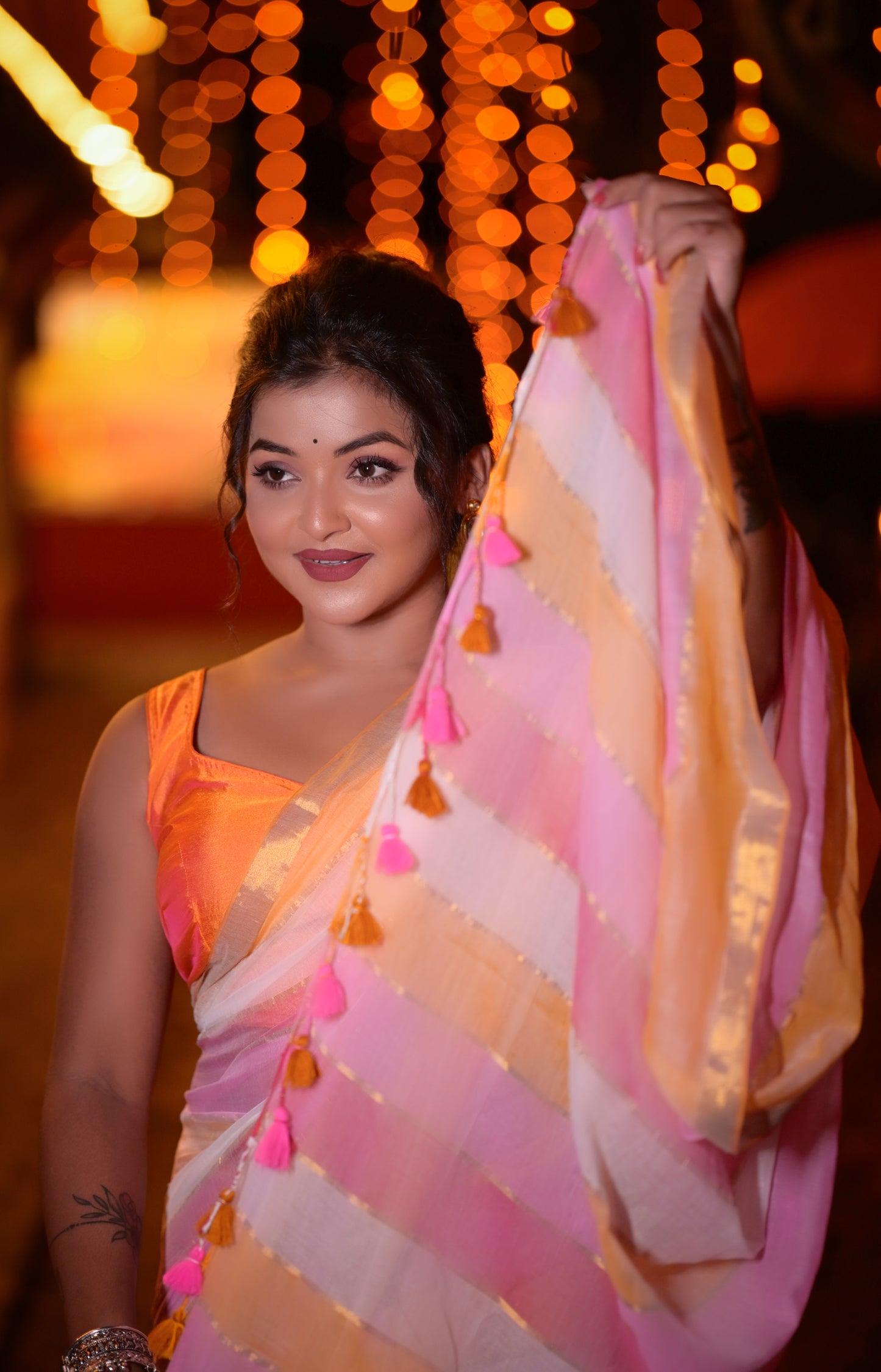 Handwoven Pink & Orange Striped Mull Cotton Saree with Golden Border – Lightweight Festive Wear