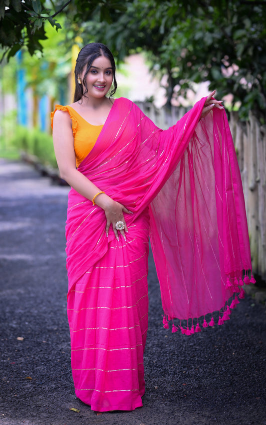 Trendy Pink Mull Cotton Saree with Golden Stripes & Tassel Pallu – With Blouse Piece