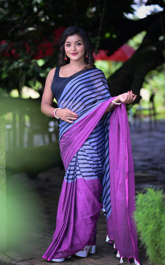 Black & Purple Mull Cotton Saree – Elegant Striped Design
