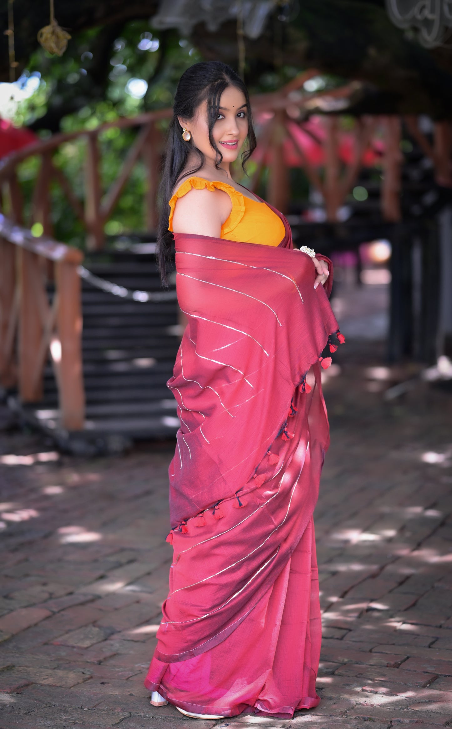 Stylish Maroon Mull Cotton Saree with Silver Stripes – Blouse Not Included
