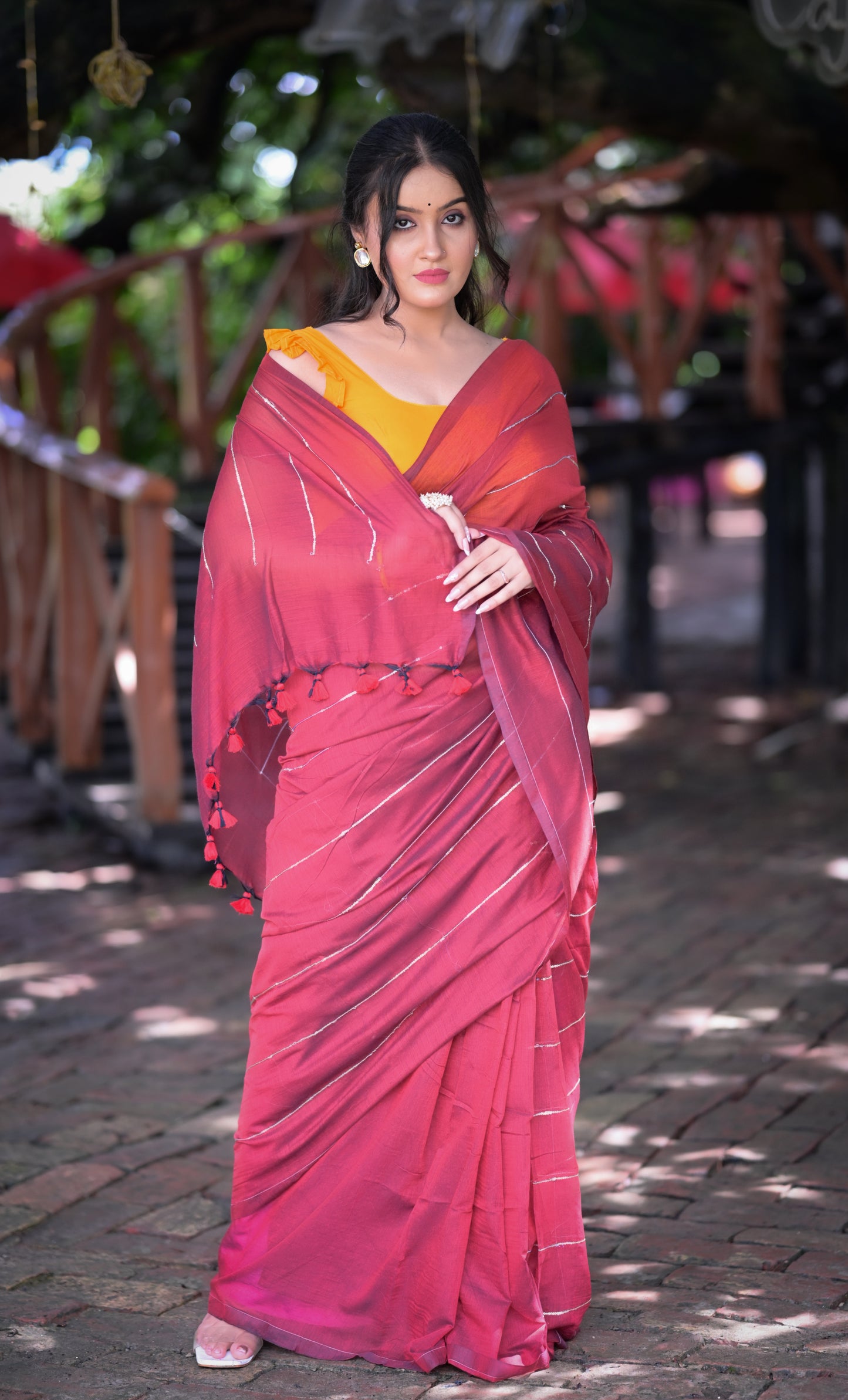 Stylish Maroon Mull Cotton Saree with Silver Stripes – Blouse Not Included