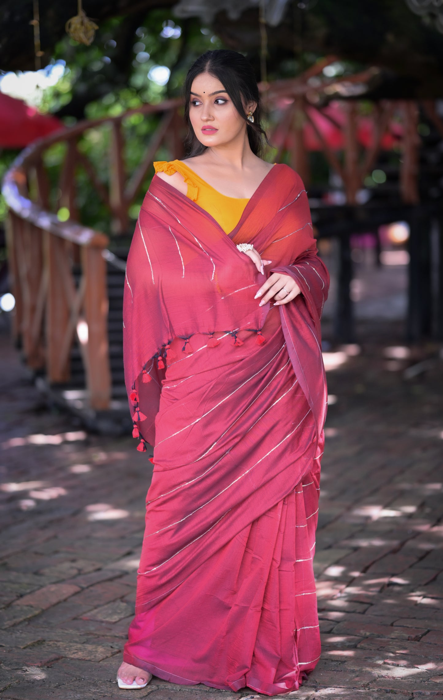 Stylish Maroon Mull Cotton Saree with Silver Stripes – Blouse Not Included