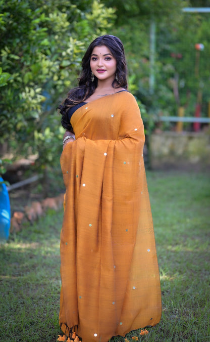 Handwoven Mustard Khadi Cotton Saree with Blouse Piece – Elegant Festive Wear