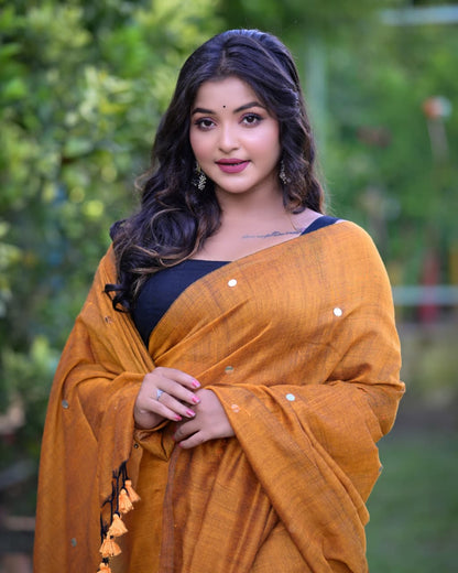 Handwoven Mustard Khadi Cotton Saree with Blouse Piece – Elegant Festive Wear