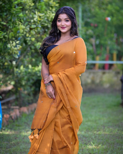 Handwoven Mustard Khadi Cotton Saree with Blouse Piece – Elegant Festive Wear